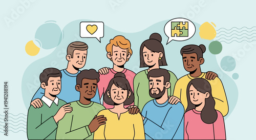 UntitDiverse group of people expressing various emotions and feelings in a semi-circular arrangement.led