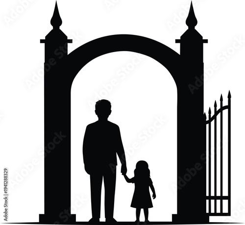 Father and daughter at cemetery arched