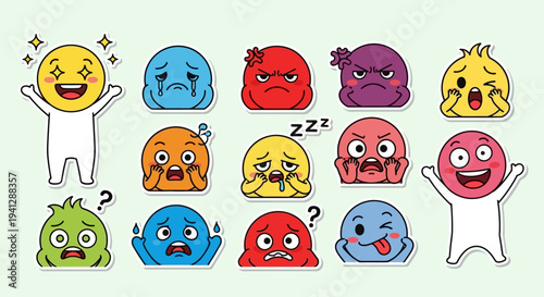 A collection of diverse cartoon emoji faces expressing various emotions like joy, sadness, anger, and surprise, presented as stickers.