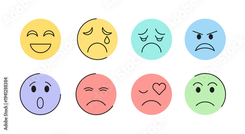 A collection of eight colorful circular emoticons depicting various emotions like happiness, sadness, anger, surprise, and love.