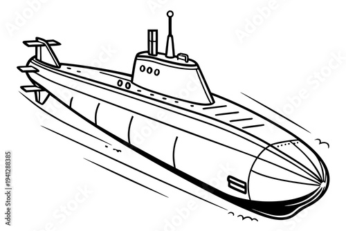 Simple Submarine Line Drawing Coloring Page, Black and White Vector Art