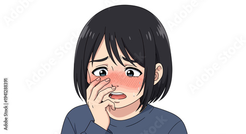 A young woman with dark hair blushes deeply, covering her nose with her hand in distress.