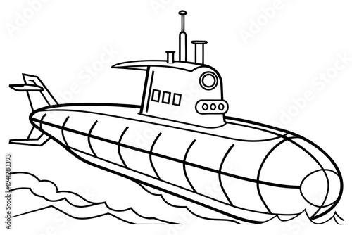 Simple Submarine Line Drawing Coloring Page, Black and White Vector Art