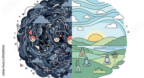 Illustration depicting a chaotic, dark, and tangled mind on the left, contrasted with a serene, organized, and peaceful landscape on the right.