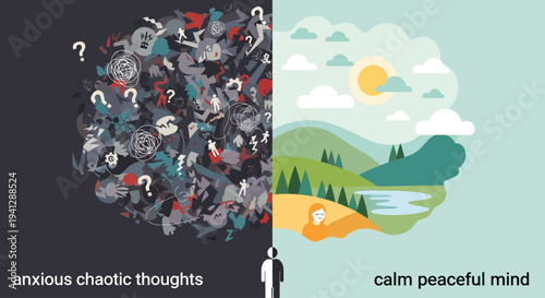 Split image contrasting a chaotic, anxious mind filled with question marks and jumbled objects with a calm, peaceful mind depicted as a serene landscape.