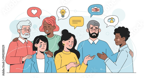 A diverse group of people of various ethnicities and ages, smiling and waving with their hands raised in a celebratory and welcoming gesture, surrounded by colorful hearts and flowers.