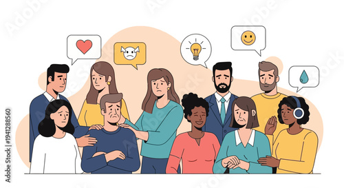 A diverse group of people of various ethnicities and ages, smiling and waving with their hands raised in a celebratory and welcoming gesture, surrounded by colorful hearts and flowers.