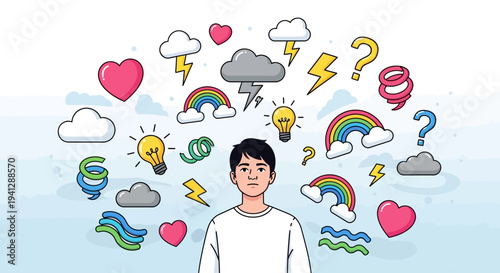 A young man stands amidst a swirling collection of weather symbols and emotional icons, representing his inner thoughts and feelings.