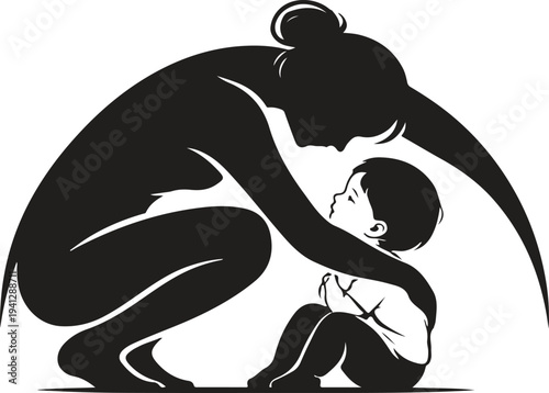 Mother protecting child with caring embrace, motherhood love and parental protection concept, minimalist black silhouette vector isolated on white background