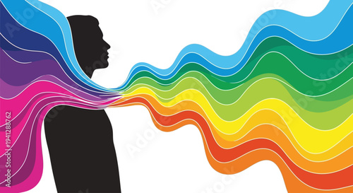 Silhouette of a person with colorful waves of emotion or creativity emanating from their head and body.