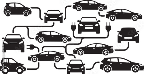 Electric cars charging with plugs and cables connected