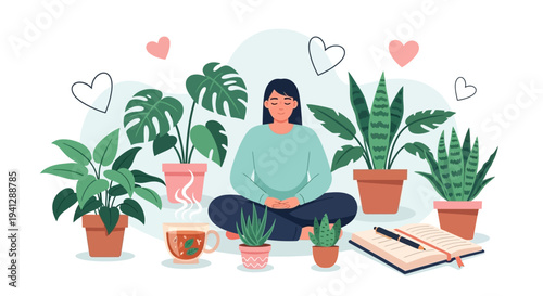 Woman meditating surrounded by various houseplants, a cup of tea, and a journal, symbolizing peace, self-care, and connection with nature.