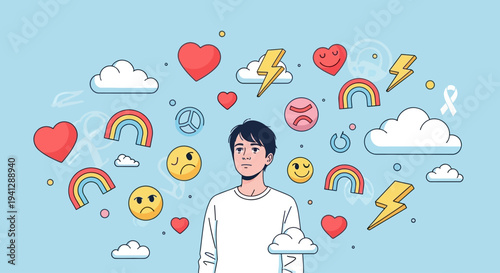 A young man surrounded by a diverse array of emotional and symbolic icons representing thoughts and feelings.
