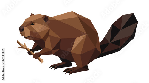 Low Poly Beaver Holding Branch, Geometric Animal Illustration