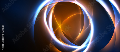 Abstract glowing circles, orange, blue hues. Dynamic light effects create futuristic impression. Smooth gradients, elegant design.