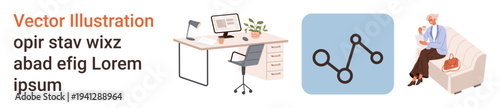 Business planning, workplace setup, remote work, senior living, data visualization, modern organization. Office desk with computer, icon of connected nodes elderly woman seated on a couch. Workplace
