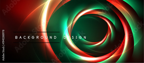 Abstract concentric circles, vibrant red, green hues. Modern design, dark background creates dramatic effect. Elegant, flowing lines.