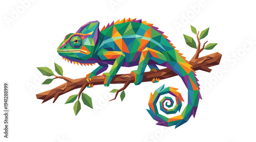Colorful Geometric Chameleon on Branch, Polygonal Style, Vector Illustration