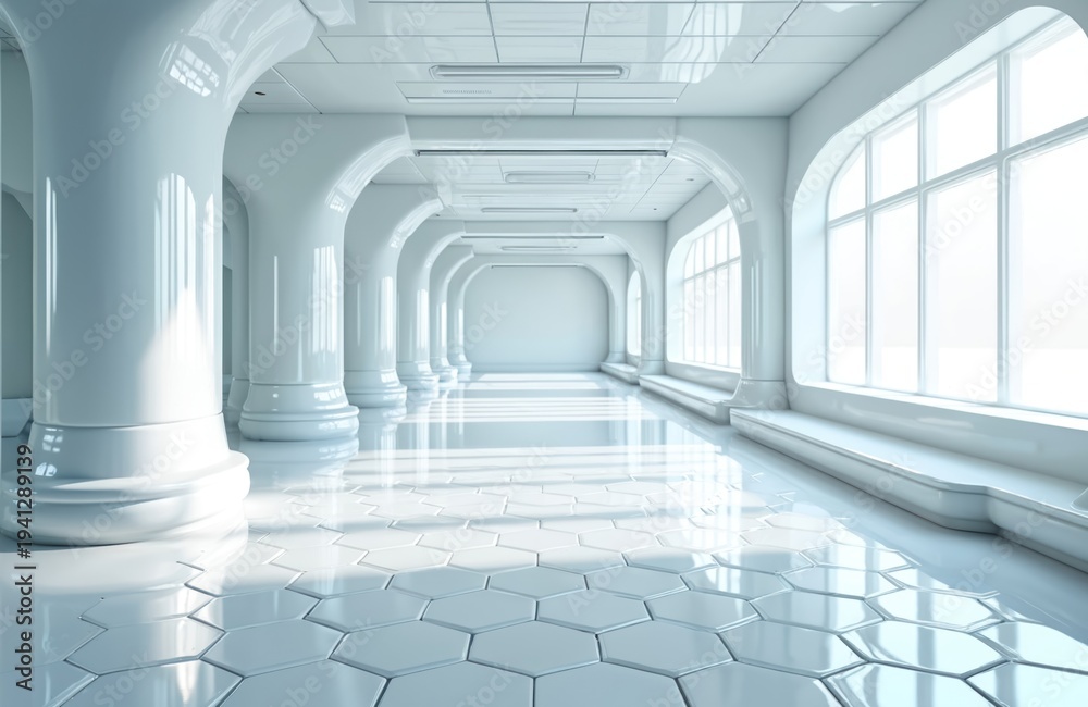 Fototapeta premium Clean white corridor with hexagonal floor tiles. Modern interior architecture with large windows and arched columns. Futuristic, sterile, and bright environment for science or medicine.