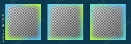 Set of square gradient border overlay. Glowing neon frame in cyan, aquamarine and yellow. Transparent frames great for social media post, banner, poster