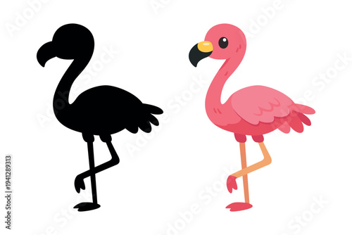 Cute pink flamingo cartoon with shadow silhouette for kids educational game