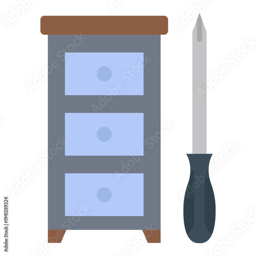 Furniture Assembly Illustration with Cabinet and Screwdriver