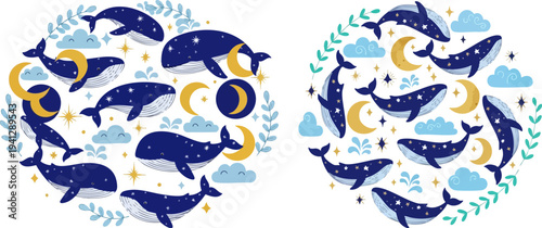 Set of 2 Whales and Moon Vector Illustrations with Clouds and Stars, Perfect for Children's Designs, Nursery Decor, or Ocean-Themed Projects