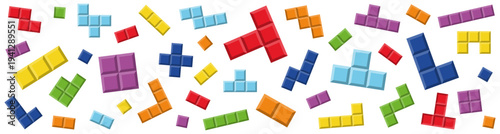 Colorful geometric puzzle block pieces scattered abstract square tile shapes bright arcade style elements for casual game design mosaic pattern playful digital blocks vector illustration