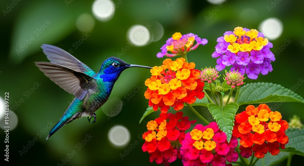 Naklejka premium Vibrant hummingbird hovers near colorful flowers. Flowers bloom in bold red, orange, and purple hues. Green leaves frame the vivid floral display. Bird's iridescent feathers gleam in natural light