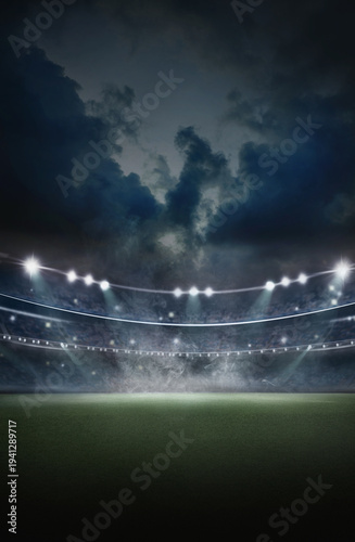 textured soccer game field with isolated, free copy space background - stadium center, midfield. Poster.