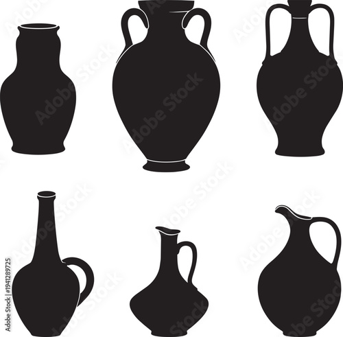 Antique Vase Amphora Silhouettes Set Vector Classical Pottery"