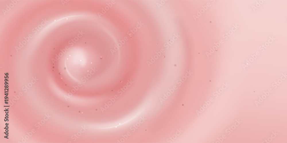 Obraz premium Pink strawberry yogurt texture with creamy swirls. Vector realistic illustration of smooth cosmetic background with soft cream waves and circular vortex, liquid milky substance with scrub particles