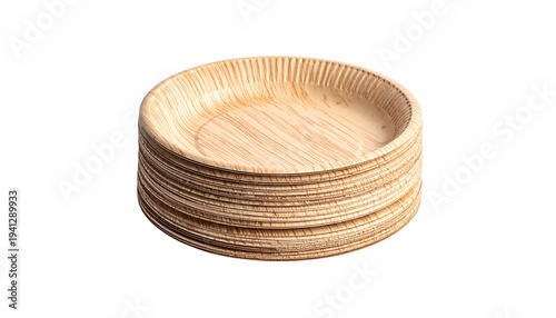 A stack of light brown, round, paper plates with textured, ridged edges