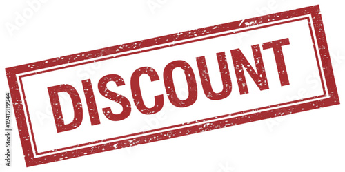 Discount red rubber stamp isolated on transparent background with distressed texture effect
