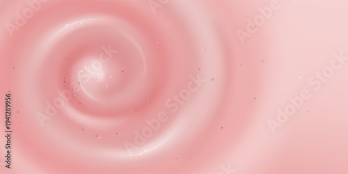 Pink strawberry yogurt texture with creamy swirls. Vector realistic illustration of smooth cosmetic background with soft cream waves and circular vortex, liquid milky substance with scrub particles