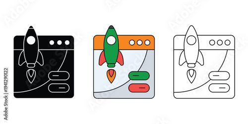 Rocket Ship Launching from Web Browser Vector Icons Set, Minimalist Startup and Software SEO Growth Symbol on White Background
