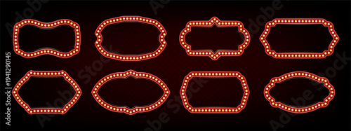Retro light bulb frames of different shape isolated on black background. Vector realistic illustration set of classic red marquee borders for theater show, night club, casino or movie billboard design