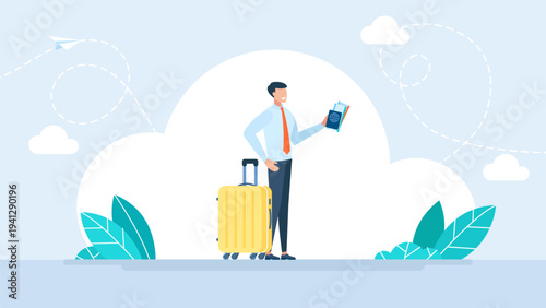 Businessman holding passport and boarding pass tickets next to yellow suitcase, concept of international travel, successful business trip and summer vacation in flat style. Vector illustration.