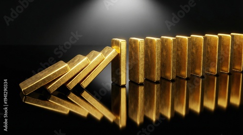 Gold bullion bars toppling in domino chain reaction on reflective black glass surface. Financial contagion, systemic collapse, and market crash domino effect concept.
