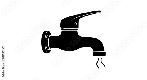 Black silhouette of a water tap with steam coming out, isolated on white background