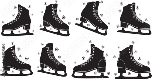 Black Ice Skates with Snowflakes on White Background Illustration