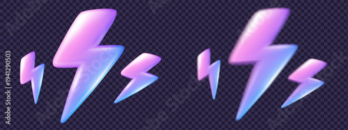 3d electric neon and holographic lightning energy with icon thunder flash. Bolt fast thunderbolt and storm render logo with crystal power sparkle. Symbol holographic lightning and graphic 3d.