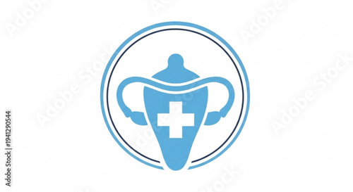 Medical symbol with cross on female reproductive organ in blue circle