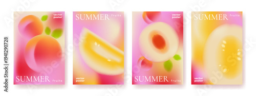 Pastel summer fruits posters collection. Vector realistic illustration of abstract fresh fruit shapes on soft pink gradient background, creative modern banner designs with peach and strawberry melon