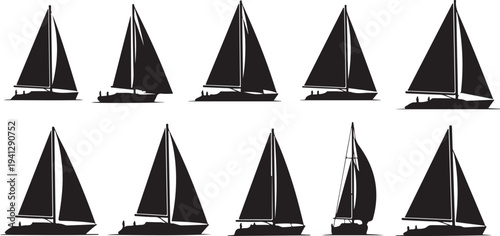 Black sailboats on white background in various positions sailing