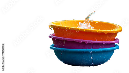 Colorful plastic bowls stacked with water splashing from the top bowl. Black background