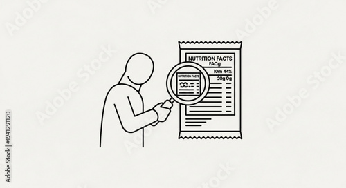 Person examining nutrition facts label with magnifying glass checking food ingredients and dietary information closely
