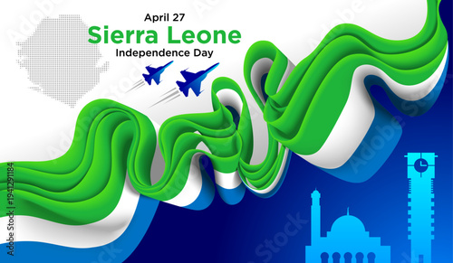 Sierra Leone Independence Day Background with Green White Blue Ribbon and National Landmarks