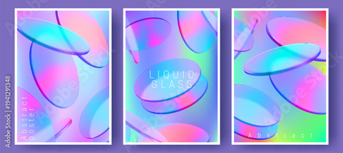 Set of posters with holographic glass morphism shapes flying on gradient background. Vector realistic illustration of creative digital art banners with abstract transparent round coins falling