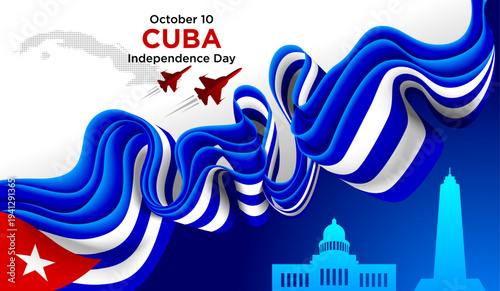 Cuba Independence Day Background with Blue White Red Ribbon and Havana Landmarks